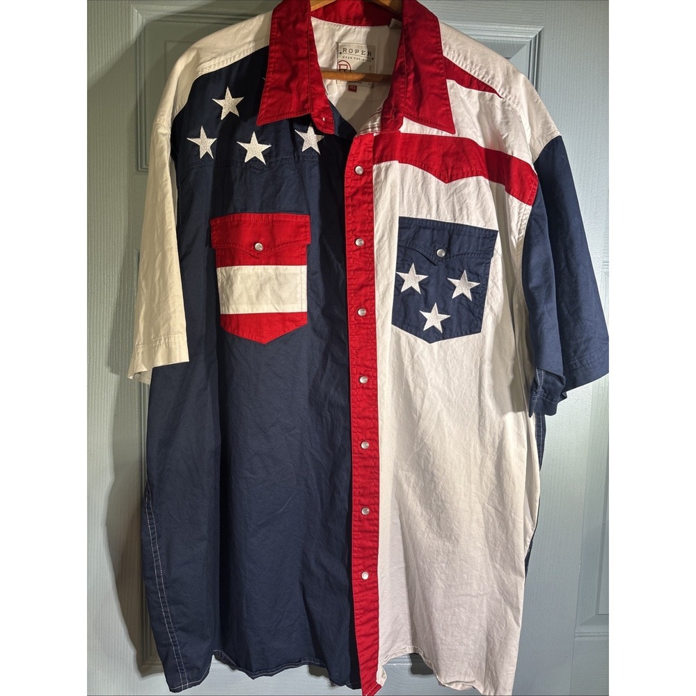 Roper Western Pearl Snap Shirt Mens 3‎ XL American Flag Stars Stripe Red White